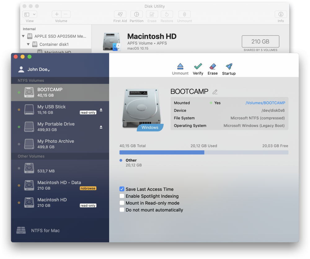 Microsoft NTFS for Mac a Paragon Software csapatától. Lehetővé teszi különböző kötetek kezelését, több csatolási lehetőséget biztosít az Apple Disk Utility (lemezkezelő program) révén. Képernyőkép.